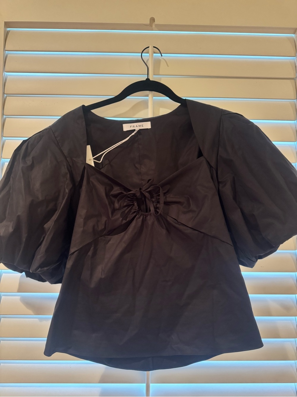 Frame Denim Black Puff-Sleeve Drawstring Front Blouse
